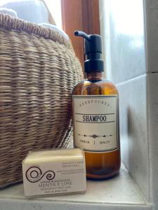 a bottle of shampoo and a soap next to a basket at Mulino del Casale - nature b&b in San Paolo Solbrito