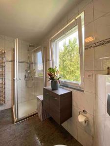 a bathroom with a shower and a potted plant at Pool Sauna Entspannung in Rangsdorf
