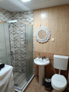 a bathroom with a shower and a toilet and a sink at Finesi apartments 3 in Ohrid