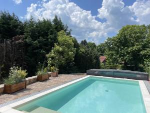 a swimming pool in a garden with trees at Spacious 3 bedroom house with heated pool in Szigliget