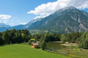 a green field with a lake and mountains in the background at home B29 in Landeck