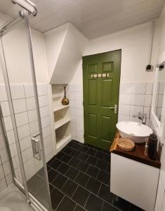a bathroom with a green door and a sink at Queen Maxima by Prins Hendrik Suites in Paramaribo