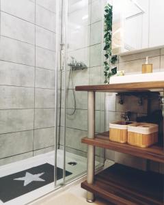 un baño con ducha y lavabo en Old city center, en Rijeka