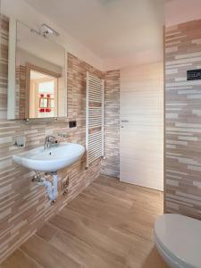 un bagno con lavandino, specchio e WC di Chalet I Clus a Livigno Altre 30 foto
