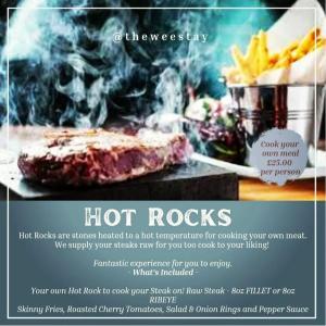 a poster for a hot rocks restaurant with a steak at The Wee Stay - Room Only - Rural 1 Bed Guest Suite in Middleton Fossoway