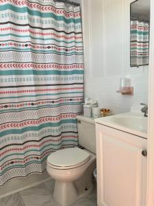 a bathroom with a toilet and a shower curtain at Surfside Inn Chatham in Chatham