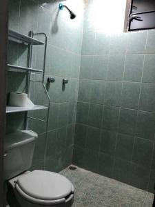 a bathroom with a shower with a toilet in it at lindo departamento independiente in Taxco de Alarcón
