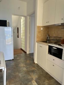 a kitchen with a white refrigerator and a counter at Thalassa in Lemnos +17 photos