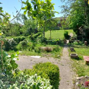 een tuin met een stenen pad en een bank bij Villagehome North Jylland in Sindal