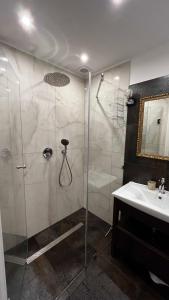 a bathroom with a shower and a sink at Apartament Willa Woda in Jurata