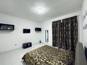 1 dormitorio con cama y cortina en Siliade Apartment, en Montesilvano