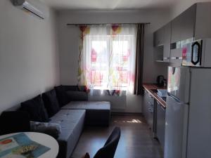 pequeña sala de estar con sofá y cocina en Villa Alex, en Siófok