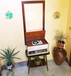einen Spiegel und eine Kommode mit Radio und Pflanzen in der Unterkunft Casa vacanze "I due parchi" in Calatabiano