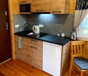 a small kitchen with a sink and a stove at WYSPA BOCIANA - Twój azyl na końcu świata in Chostka