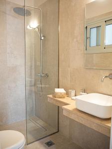 uma casa de banho com um chuveiro, um lavatório e um WC. em Dionysia Premium Suites em Argostoli