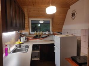 eine kleine Küche mit Spüle und Kühlschrank in der Unterkunft Dom w Jabłonkach Wakacje, Kaszuby, Chmielno, Sznurki 155 in Chmielno