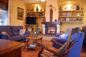 - un salon avec un canapé bleu et une cheminée dans l'établissement Villa with swimming pool and nature, à Almuñécar