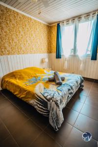 1 cama en un dormitorio con cortinas azules en APPART T3, en Bagnols-sur-Cèze