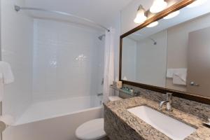 a bathroom with a sink and a toilet and a mirror at Prestige Inn Nelson in Nelson +26 photos