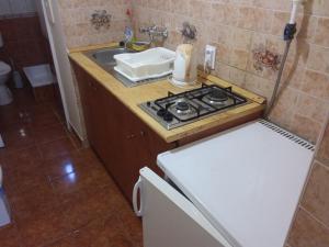a small kitchen with a stove and a sink at Gál Apartman 2 in Hajdúszoboszló