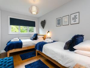 two beds in a room with blue rugs at Polished Pebble in Beadnell