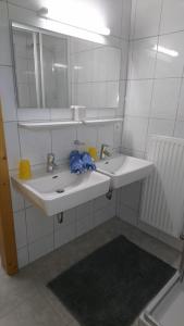 a bathroom with a white sink and a mirror at Ferienwohnung Praißkopf Blick in Pfunds