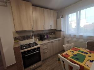 a kitchen with a stove and a table and a window at Old Town Apartment 2 bedrooms, 1 living in Baia Mare