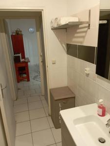 La petite salle de bains est pourvue d'un lavabo et d'un miroir. dans l'établissement APPARTEMENT 2 CHAMBRES A POINTE A PITRE, à Pointe-à-Pitre