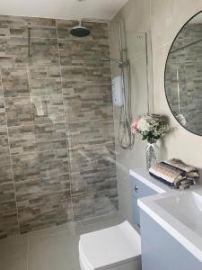 a bathroom with a shower and a toilet and a sink at The Cwtch Pet Friendly Ground Floor Flat Near M4 and Porthcawl in Kenfig Hill
