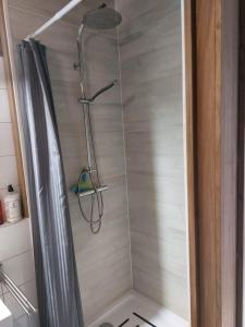 a shower with a shower curtain in a bathroom at Time 2 Relax chalet aan het water in Geel