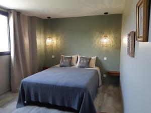 sypialnia z niebieskim łóżkiem z 2 poduszkami w obiekcie Gîte Côté Nature w mieście Cabrerolles