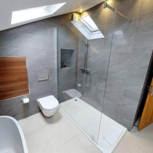 a bathroom with a shower and a toilet and a sink at 3 bed Luxury Victorian Home with Hot Tub in Nottingham
