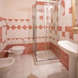 a bathroom with a shower and a toilet and a sink at Hotel Pedra Santa in Baja Sardinia