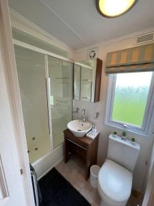 a bathroom with a sink and a shower and a toilet at Millfields Holiday Park - Knightsbridge Deluxe - Coastal Caravan Breaks in Ingoldmells