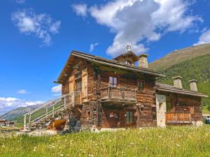 an old log cabin in a field of grass at Chalet I Clus in Livigno