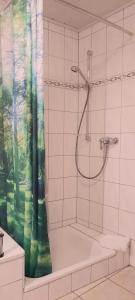 uma casa de banho com chuveiro e cortina de chuveiro em Apartments In Spay BigOne Zell-Merl Mosel em Zell an der Mosel