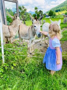 a little girl is petting a couple of donkeys at Ferienwohnung Brunnkogelblick in Neukirchen