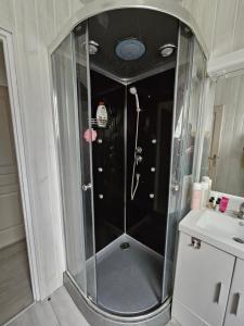 a shower with a glass door next to a sink at Comme à la maison in Monnaie