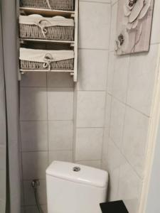 Baño blanco con aseo y toallas en Apartment Matovic en Tesalónica