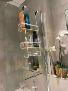 a bathroom with a shower with a glass shower stall at Stylish and Cosy 2 bedroom flat in Croydon in Croydon