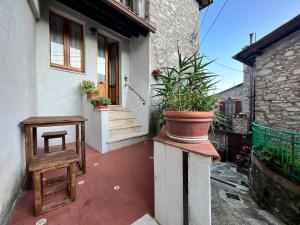 une maison avec une plante en pot, une table et un tabouret dans l'établissement Appartamento a Valle San Martino di Spoleto, à Spolète