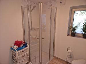 a shower with a glass door in a bathroom at Gemütliche kleine Wohnung in Korbach