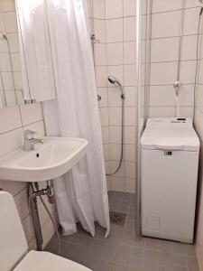 a bathroom with a sink and a shower and a toilet at Puotilan idylli meren lähellä in Helsinki