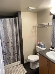 a bathroom with a shower and a toilet and a sink at Chris's Cozy Condo Times Square Rogers Place Edmonton in Edmonton