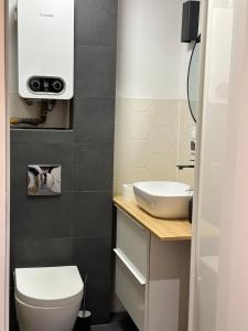 Łazienka z białą toaletą i umywalką w obiekcie Mały Kwadrat Katowice w mieście Katowice