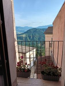 uitzicht vanaf een balkon met bloemen in potten bij Karlin's house Anzi - albergo diffuso in Anzi