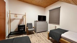 a bedroom with a bed and a tv and a chair at SnežienkaD in Starý Smokovec