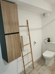 uma casa de banho com uma escada ao lado de um WC em Les petites chambres de Lacoste em Lacoste