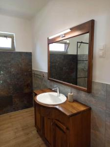 uma casa de banho com um lavatório e um espelho em Inner House em Kőröshegy