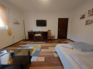 a living room with a bed and a tv at Pandora's Place in Sarajevo